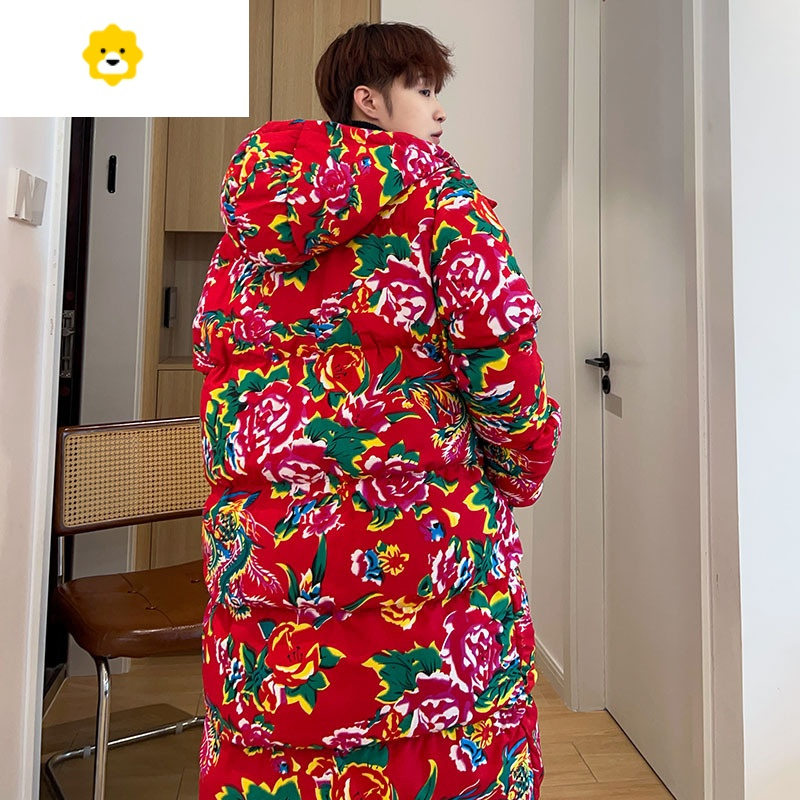 fish basket新款长款棉衣外套东北大花中国风汉服宽松p暖防寒连帽棉袄