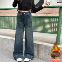 女童牛仔裤冬装新款初中生裤子女大童加绒直筒裤13岁女孩长裤 160cm 图片色