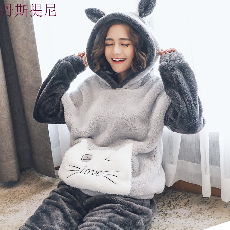 韩版甜美可爱少女珊瑚绒睡衣女秋冬加厚法兰绒连帽宽松家居服套装