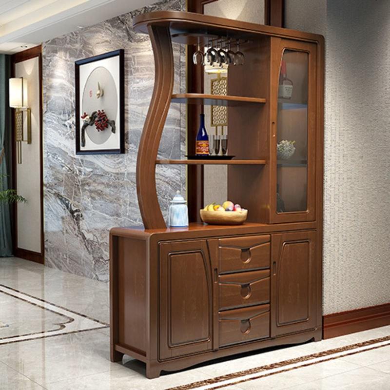 中式实木间厅柜橡胶木厅柜现代简约玄关柜酒柜吧台一体客厅隔断 组装_C款J-001#间厅柜【胡桃色】_框架结构
