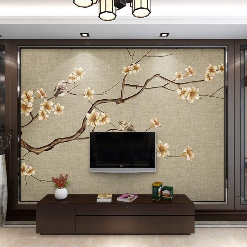 闪电客新款素色花鸟墙布壁画客厅装饰电视背景墙壁纸中式卧室墙纸背景