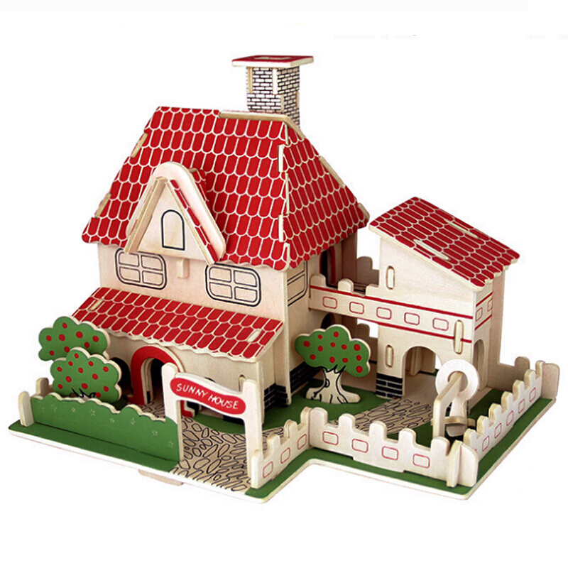 儿童木质木制3d立体拼图 拼装拼插房屋建筑模型玩具