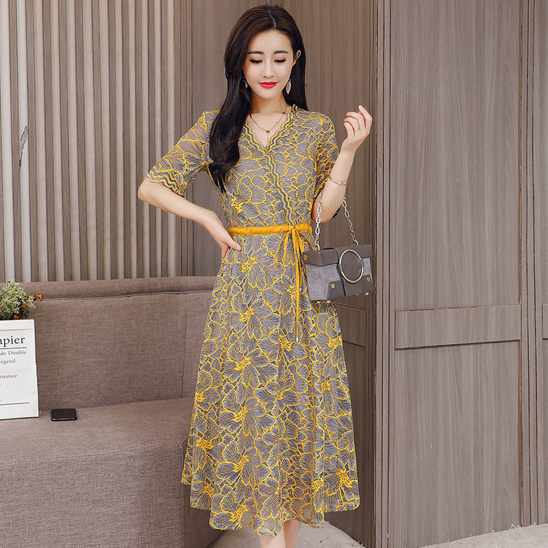 蕾丝连衣裙女夏装女士新品V领修身显瘦高腰长裙收腰系带提花裙子