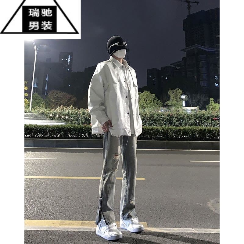 希杰狮王高街黄泥色牛仔裤男款夏季破洞复古直筒裤子美式潮牌薄款微喇裤图片