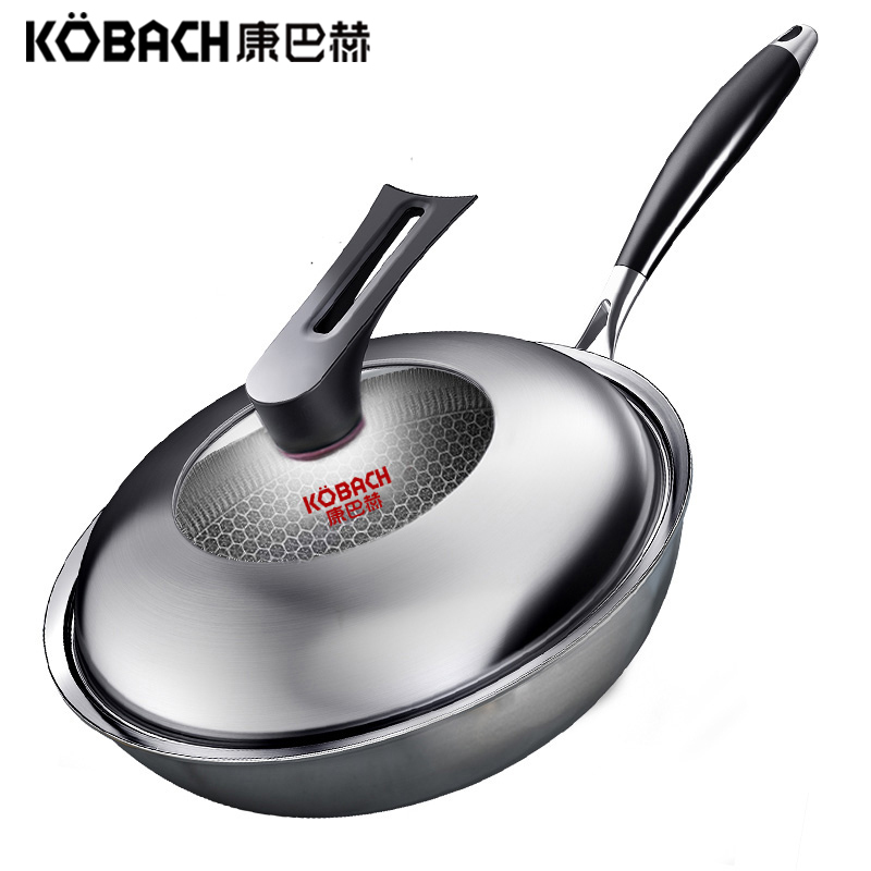 康巴赫(KBH)持家款炒锅 304不锈钢蜂窝纹理防烫 送刀铲勺三件套[刀具管制地区,赠品刀更换油壶]