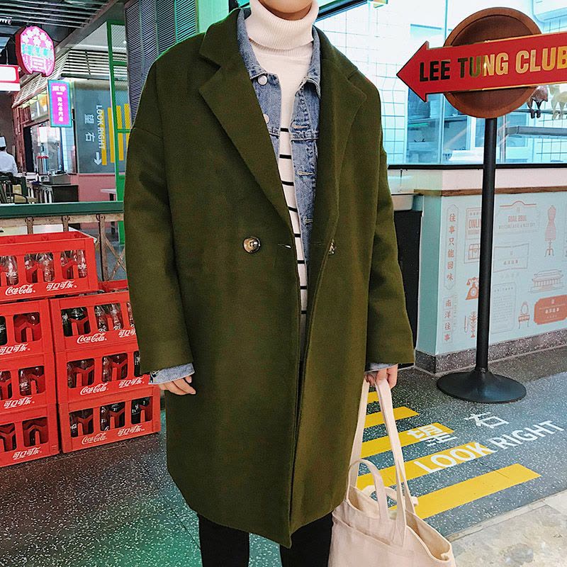 YUANSU风衣外套男士冬季韩版潮流帅气中长款毛呢大衣秋装英伦风加厚呢子风衣图片