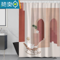 XIANCAI莫兰迪浴帘防水布卡通猫咪卫生间隔断挂帘加厚涤纶套装免打孔