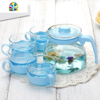 封后[开水冲破包赔]1000/2000ML 冷水壶凉水壶茶壶玻璃耐热泡茶壶 FENGHO 1000ML蓝色套装[一壶+4