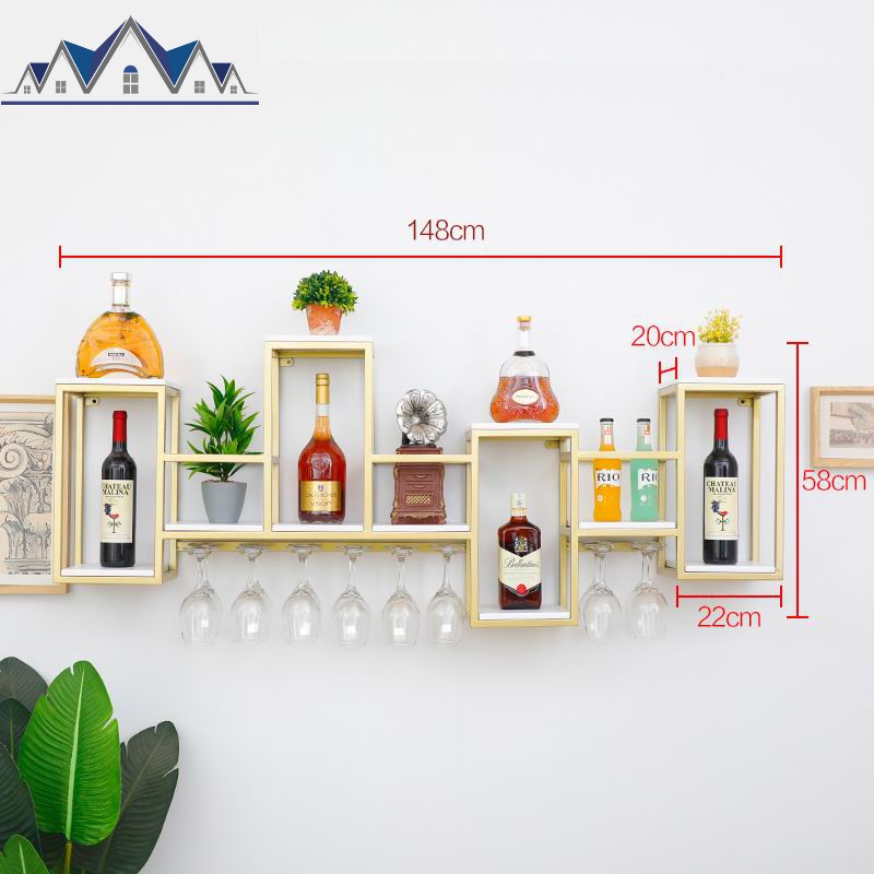 北欧铁艺墙上置物架挂墙红酒杯架吧台壁挂式酒柜餐厅创意悬挂酒架_1_675 金色配白板式四148*20*58