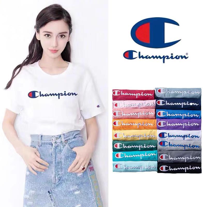 champion冠军明星同款草写logo潮牌男女短袖t恤经典刺绣时尚休闲圆领