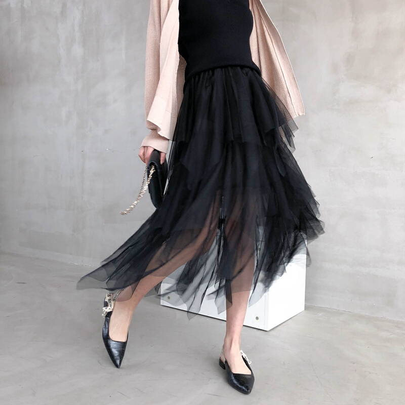 仙仙气质不规则网纱裙飘逸感松紧腰黑色高腰百褶裙半身裙中长裙黑色