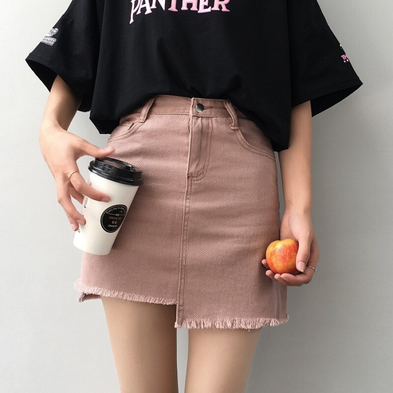 春夏韩版不规则毛边牛仔裙高腰包臀裙显瘦A字裙半身裙短裙学生女