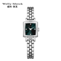 welly merck威利默克女生手表时尚防水新款方形小巧女士腕表正品石英学生女表WM087L 银色黑面钢带