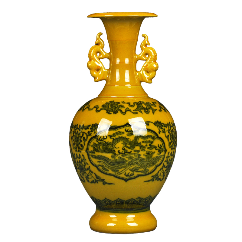 景德镇陶瓷 仿古开片釉中式李子釉花瓶 家居摆件工艺艺术品瓷器 三维工匠 大号李子黄瘦双耳瓶+底座高清大图
