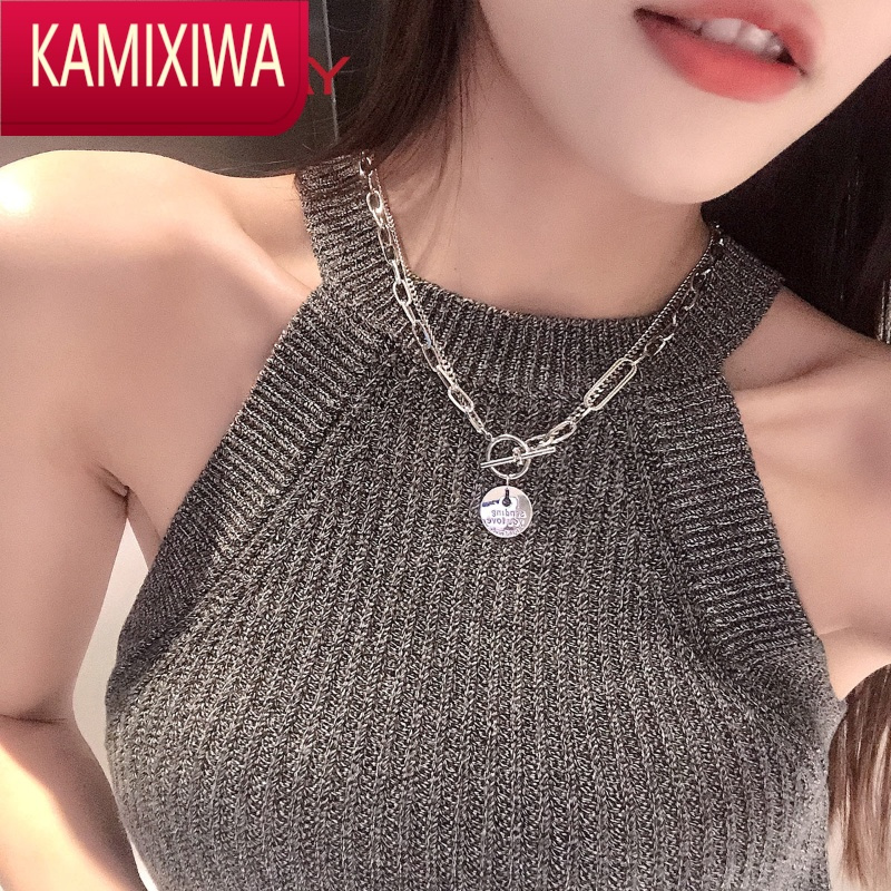 KAMIXIWA字母圆牌双层项链女ins冷淡风网红锁骨链简约个性复古颈链