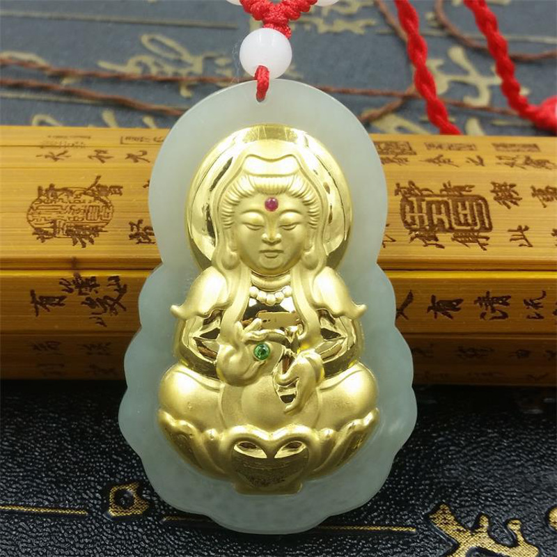 金镶玉3D硬金和田玉大号观音坠送礼4D镶嵌项链PTJWX5786送女朋友七夕情人节礼物