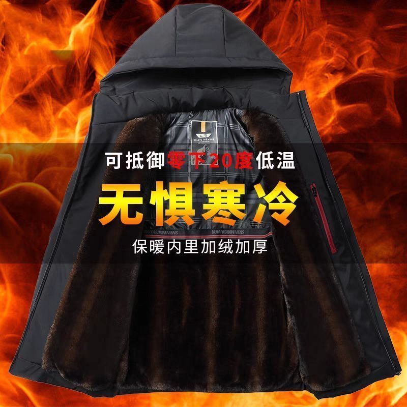 派克服冬季新款商务休闲上衣中老年保暖中长款外套帽子可脱卸高清大图