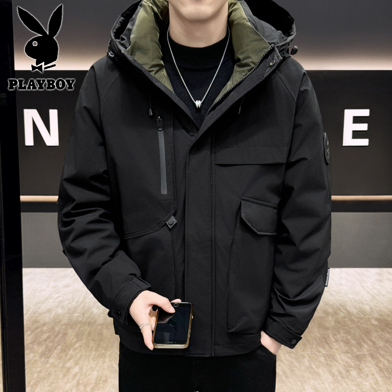 花花公子新款高品质新国标90白鸭绒工装羽绒服男女同款冬季连帽保暖羽绒情侣外套_827高清大图