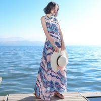 2017夏季新品女装系带显瘦无袖雪纺连衣裙波西米亚长裙海边度假沙滩裙图片色