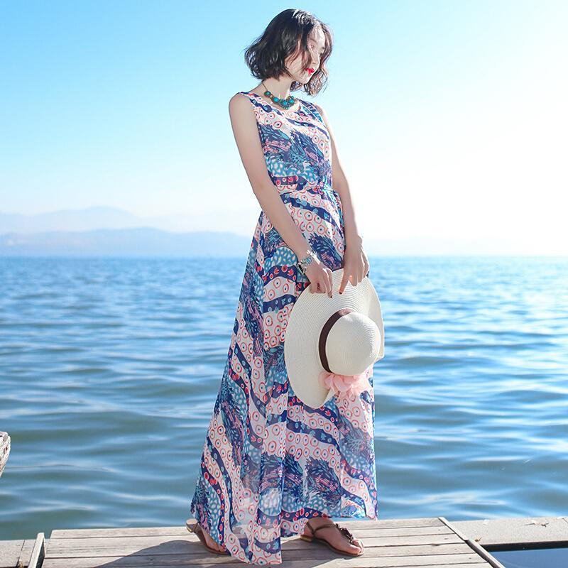 2017夏季新品女装系带显瘦无袖雪纺连衣裙波西米亚长裙海边度假沙滩裙图片色