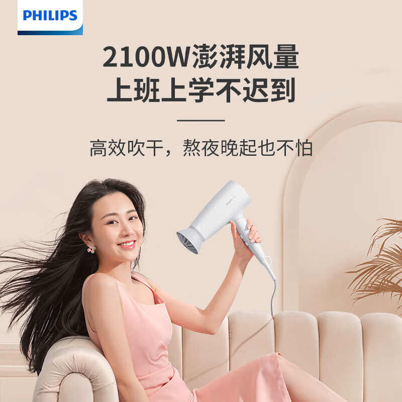 飞利浦(PHILIPS) 电吹风机 3系小花筒 大功率速干负离子恒温护发 可折叠家用 微暮黑BHD356/45