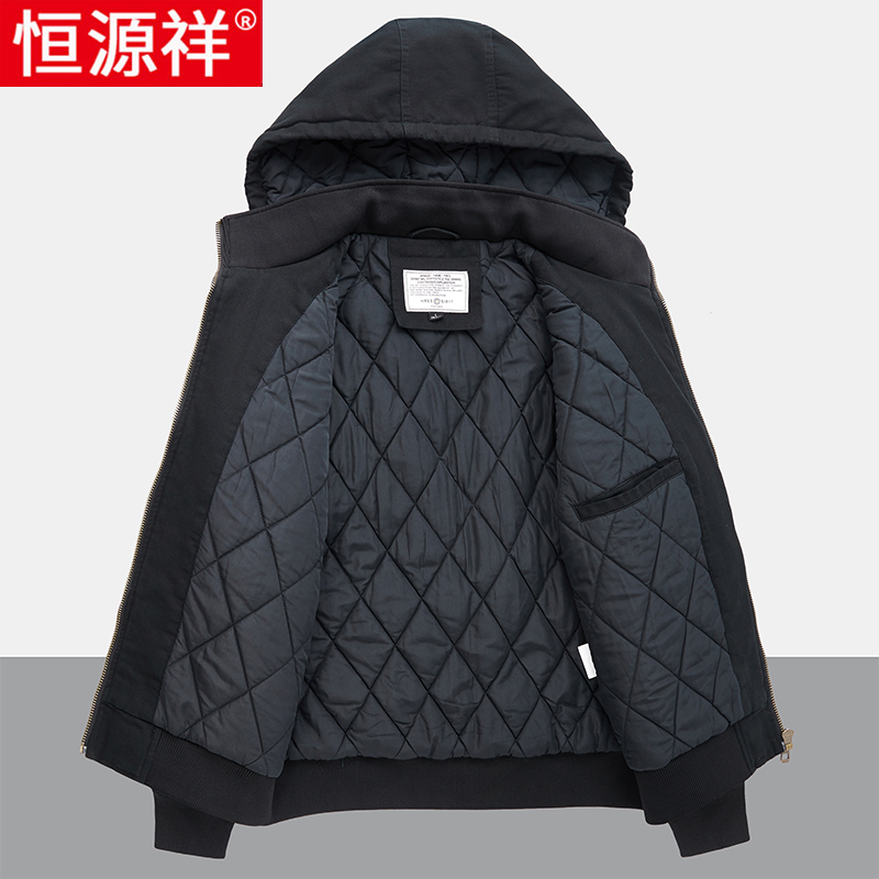 恒源祥纯棉夹克外套男士秋冬季加厚保暖棉衣工装休闲连帽棉服短款高清大图