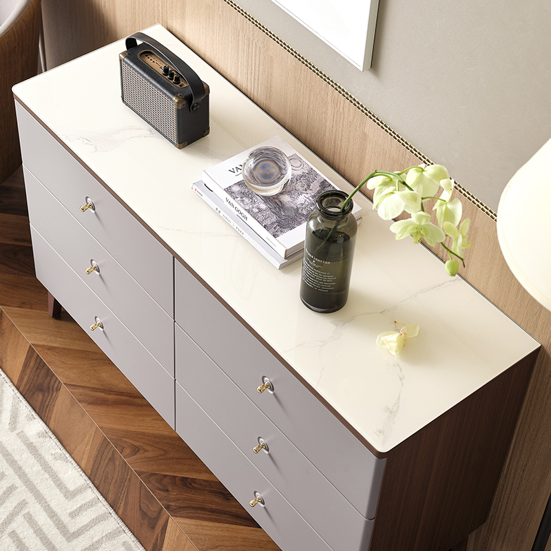 全友家居新中式卧室家具钢化玻璃台面橡胶木实木脚六斗柜玄关门厅收纳