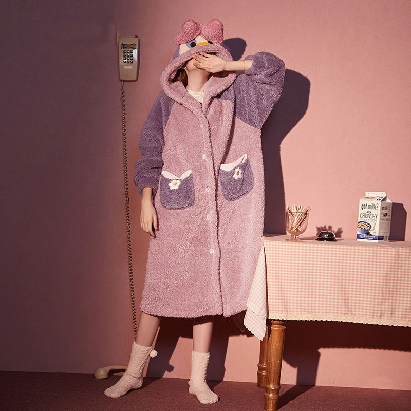 唐老鸭睡袍女冬季加厚珊瑚绒中长款套装外穿可爱冬季家居睡衣冬天
