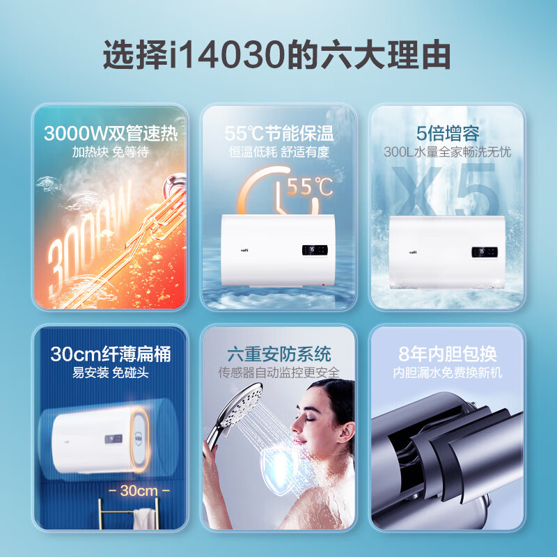 华帝(VATTI)电热水器60升扁桶家用 3000w双胆速热 300mm纤薄 一键预约 防电墙 DDF60-i14030