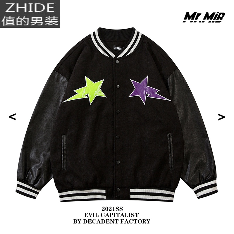 SUNTEKMR.MIB 美式复古贴布刺绣拼接PU皮宽松外套vibe风高街休闲棒球服夹克高清大图