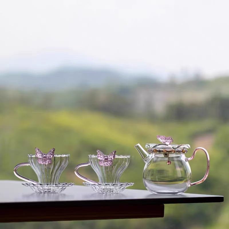 柏兮 粉色蝴蝶女士茶具套装带杯垫高清大图