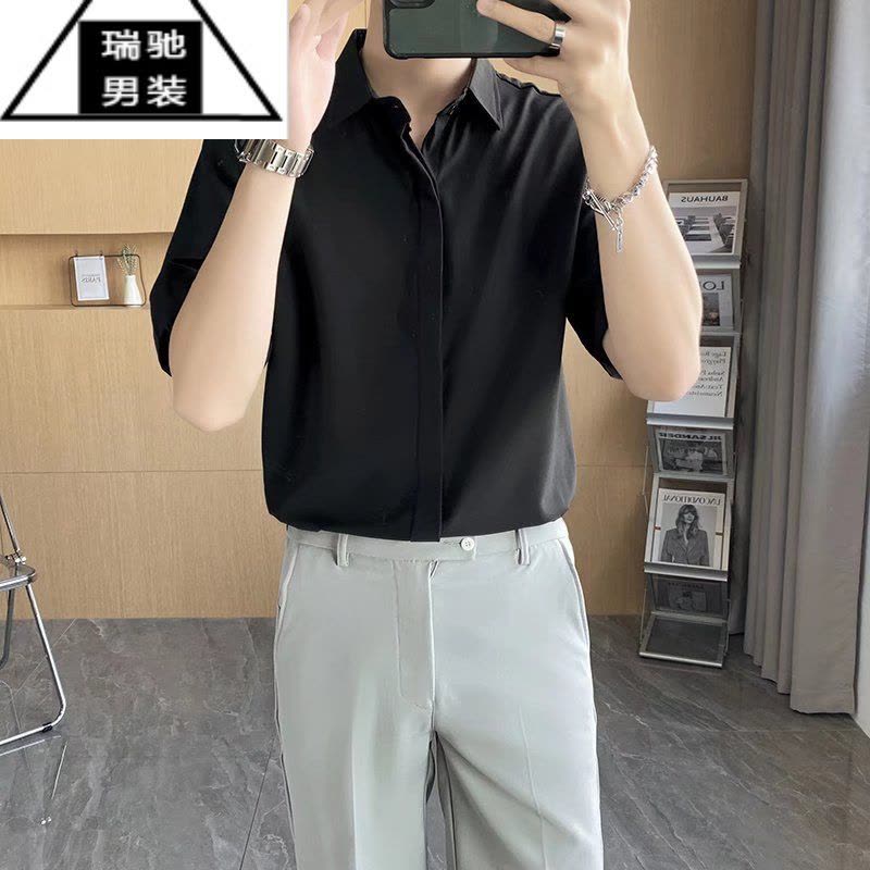 希杰狮王衬衫男短袖夏季皱免烫薄款宽松冰丝白色衬衣青年上班商务正装潮图片