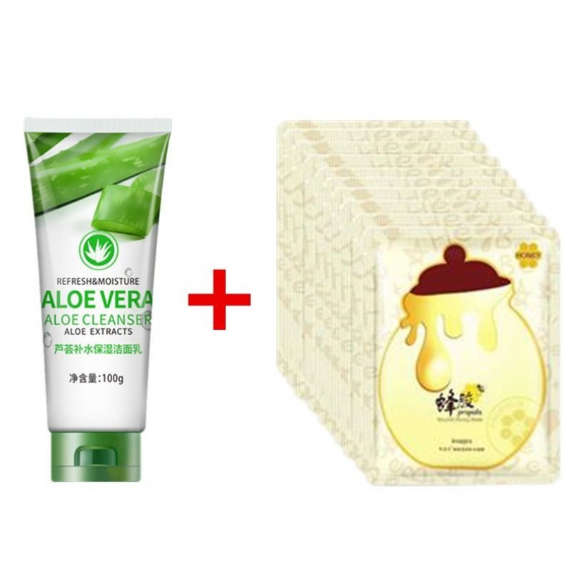 芦荟洗面奶补水保湿控油祛斑淡痘印收缩毛孔深层清洁面乳男女 芦荟洗面奶100g+蜂胶面膜10片