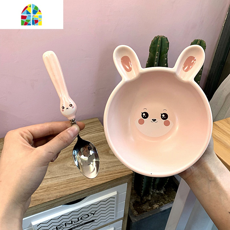 创意卡通陶瓷餐具可爱学生零食碗水果碗宝宝辅食碗吃饭碗带勺微波 FENGHOU 粉兔盘+碗+叉+勺+杯五件货