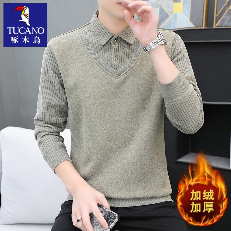啄木鸟加绒加厚毛衣男士假两件2024新款冬季衬衫领保暖针织打底衫 卡其色826加绒加厚 3XL适合150斤-165斤穿