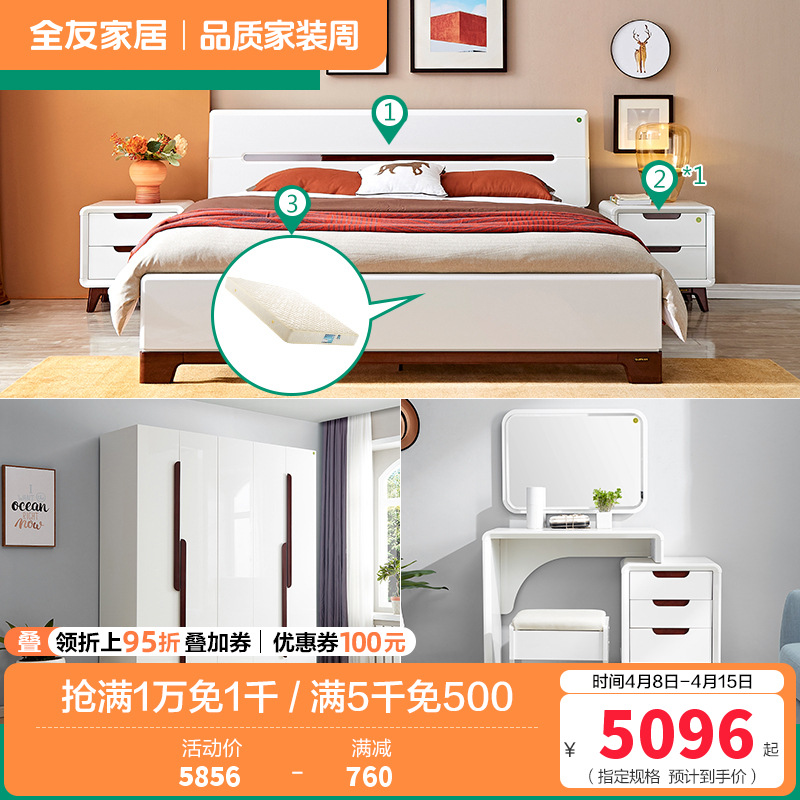 全友家居 现代简约卧室家具套装 双人床衣柜梳妆台凳 1.5米床+床头柜*1+105001床垫+五门衣柜+梳妆台凳