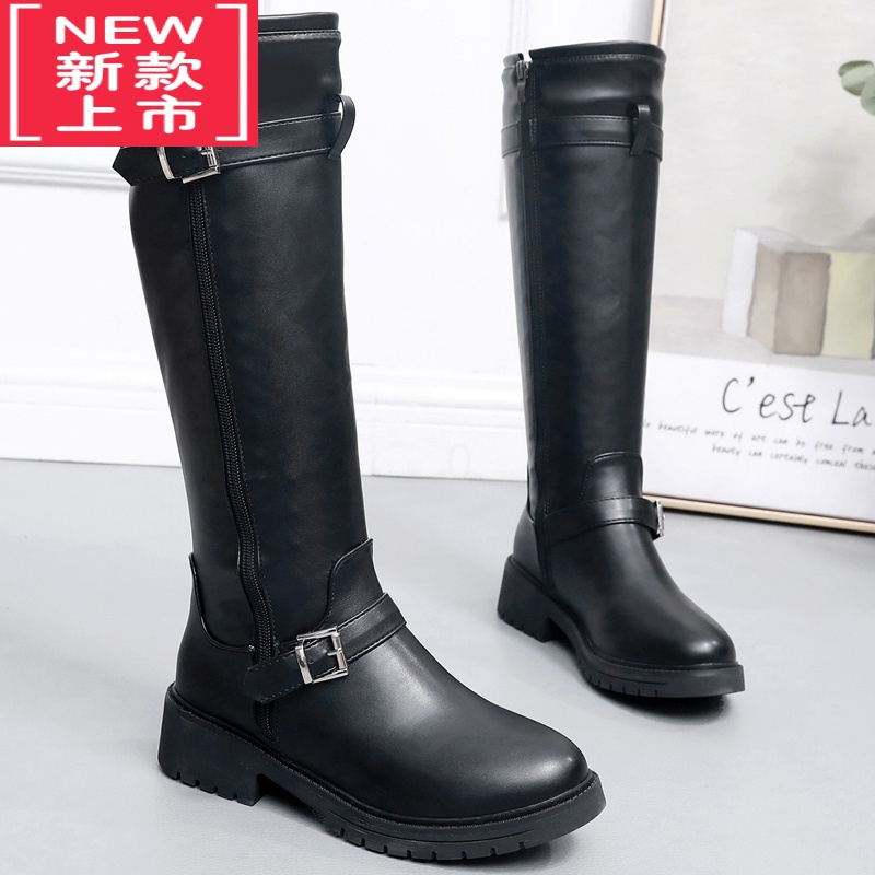 可莉允小学生女童靴子拉链秋冬季长靴儿童马丁靴长筒女孩皮靴加绒高筒靴