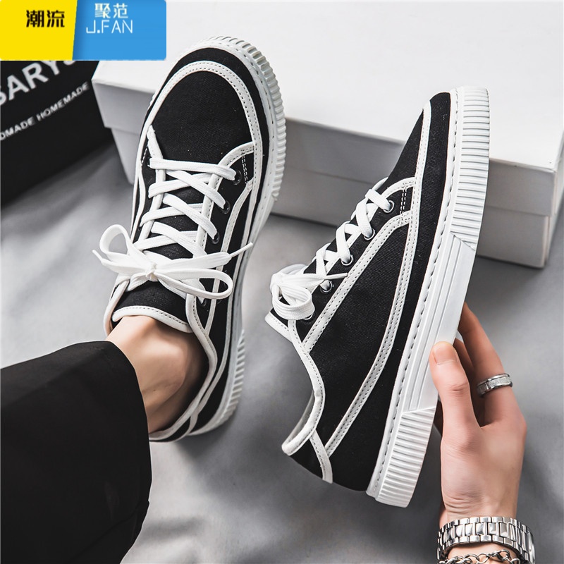 聚范帆布男鞋夏季透气小众百搭休闲平板鞋青少年运动轻便软底黑色布鞋高清大图