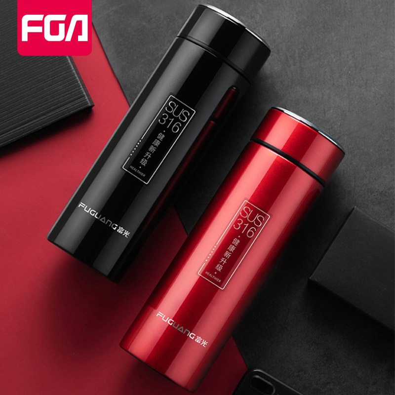 富光铭文不锈钢保温杯真空316材质车载水杯商务男士长效保温茶滤茶杯420ml 黑色