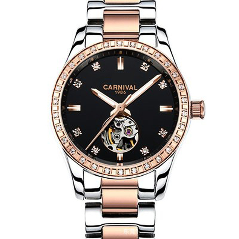 瑞士嘉年华Carnival手表新款全自动机械表 女表时尚钢带潮流夜光防水女士镂空水钻名表时装腕表魅力玫金8685