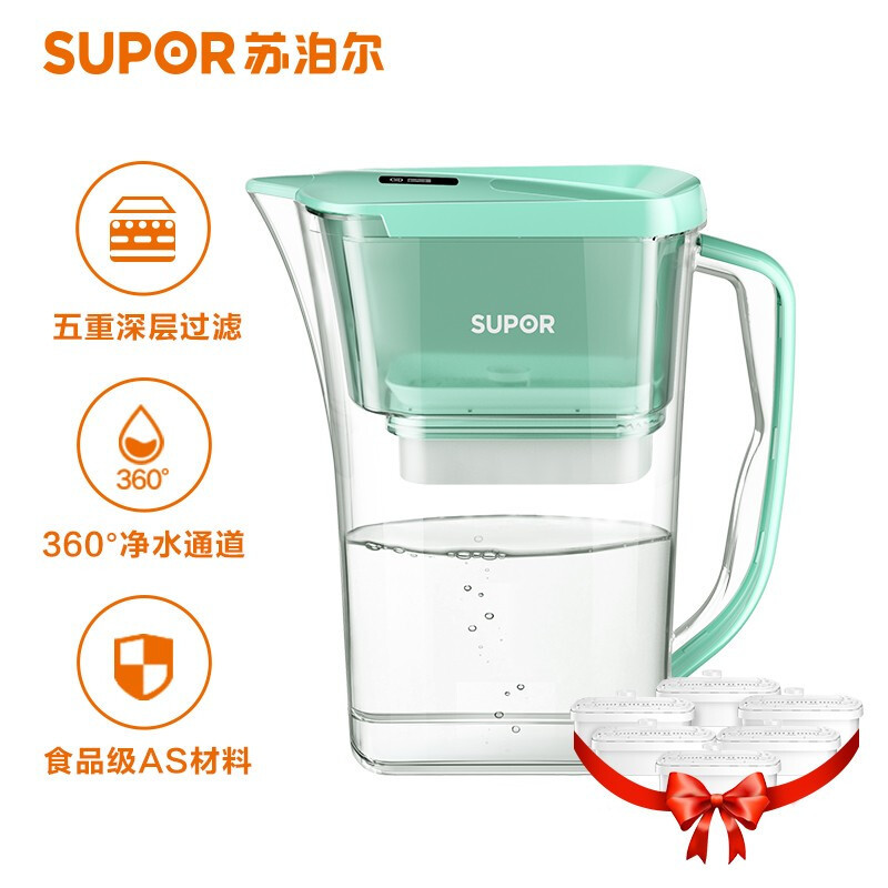 苏泊尔(SUPOR)过滤净水器 家用滤水壶 自来水过滤器净水壶 J-UF01(绿色)一壶六芯