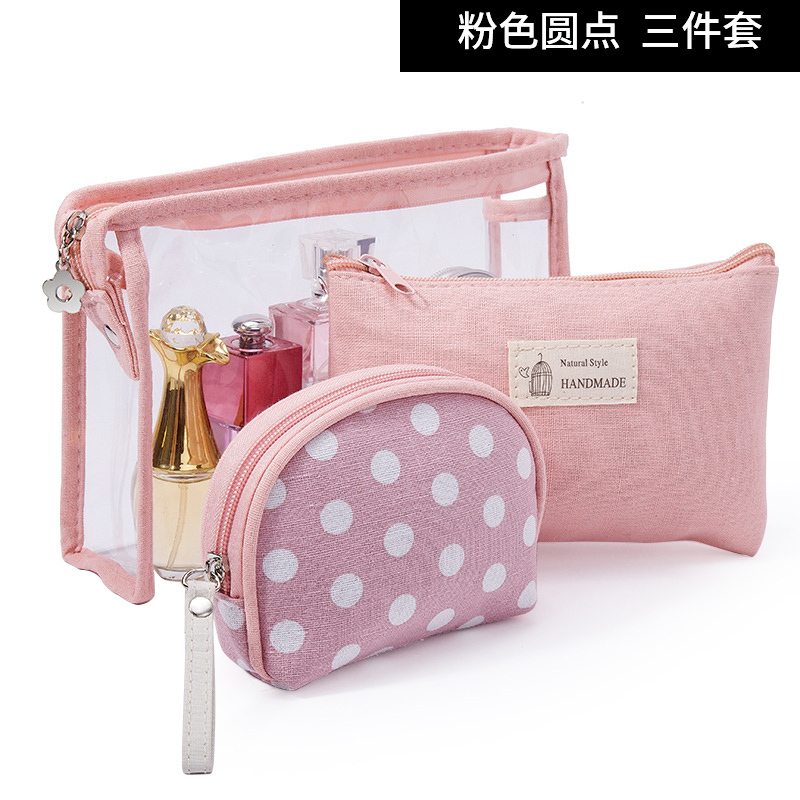 化妆包ins风女火小号便携化妆包大容量随身口红包洗漱收纳包_1 粉色圆点三件套