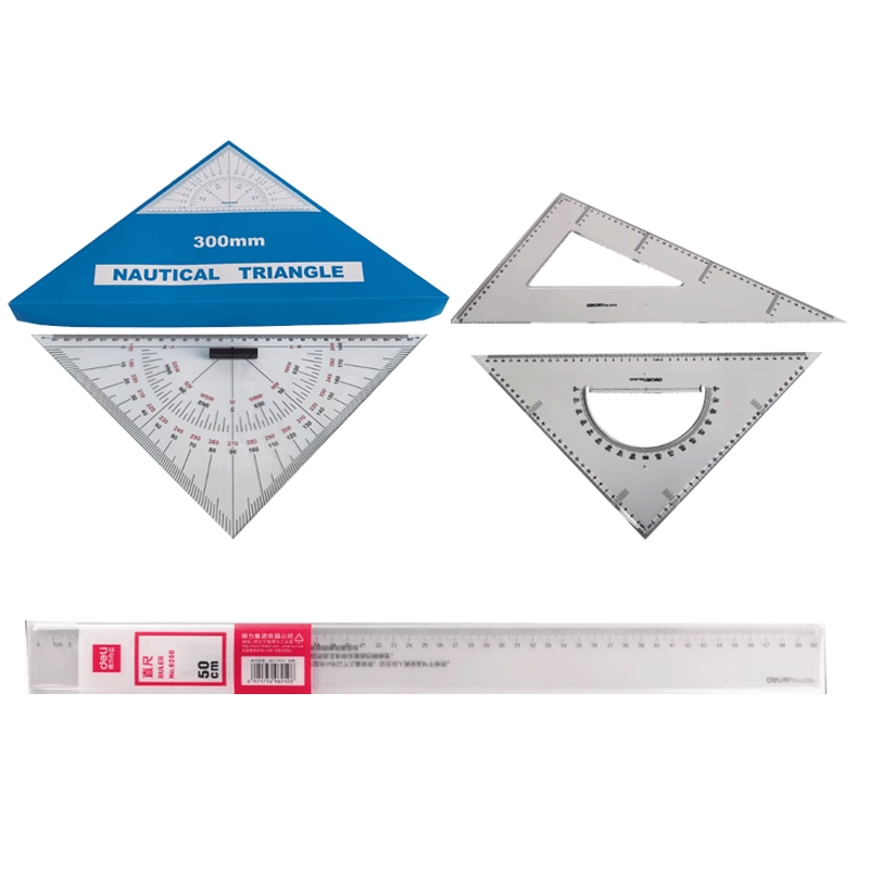 中航航海三角板海图带手柄300mm(一副2个)+得力三角套尺6445 43cm +得力塑料直尺50cm 6250套装