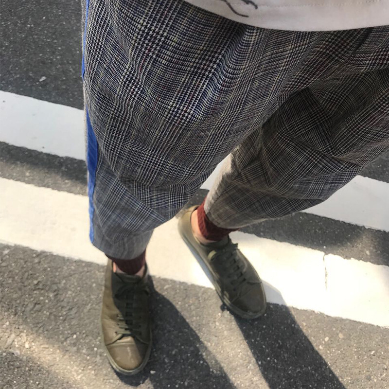 |假正经的蓝色织带格子休闲裤花灰色