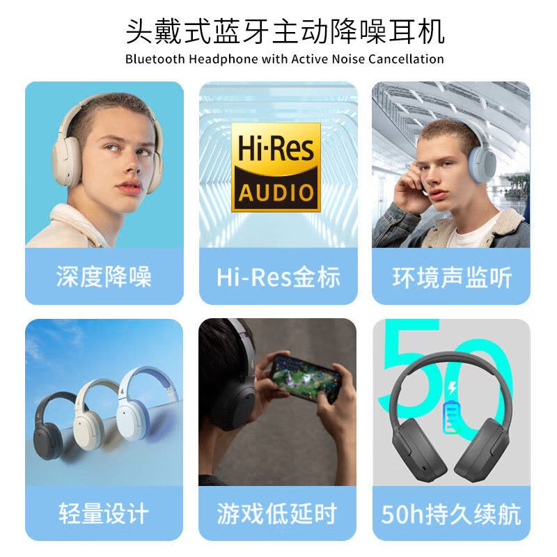 EDIFIER/漫步者 W820NB耳机头戴式无线蓝牙主动降噪新款运动电脑游戏电竞音乐经典花再 云岩白图片