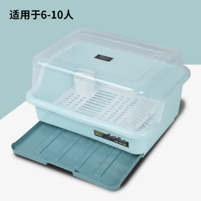 装碗筷收纳盒放碗箱沥水碗架厨房家用带盖碗盆碗碟置物架塑料碗柜 升级款抽屉式蓝色加大号