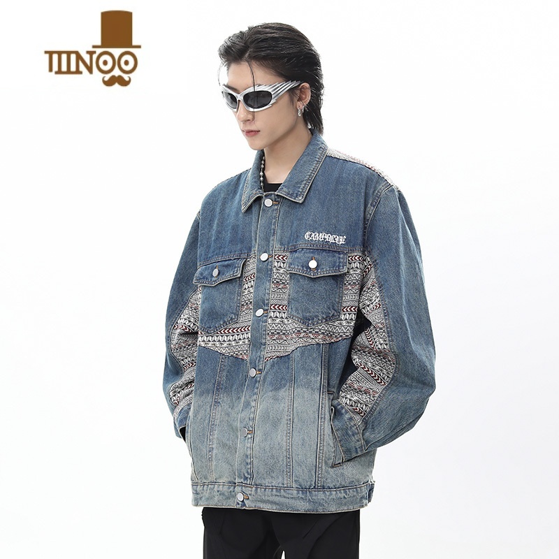 YANXU美式高街解构拼接感牛仔外套男2023新款潮牌复古情侣休闲夹复高清大图