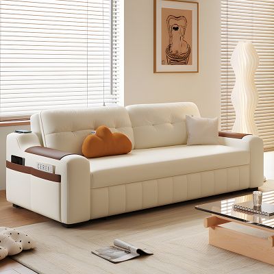 欧梵森现代简约多功能沙发床可伸缩折叠一体两用小户型智能充电沙发 储物箱+200详询客服 优质猫抓皮【乳胶款】+无线充电