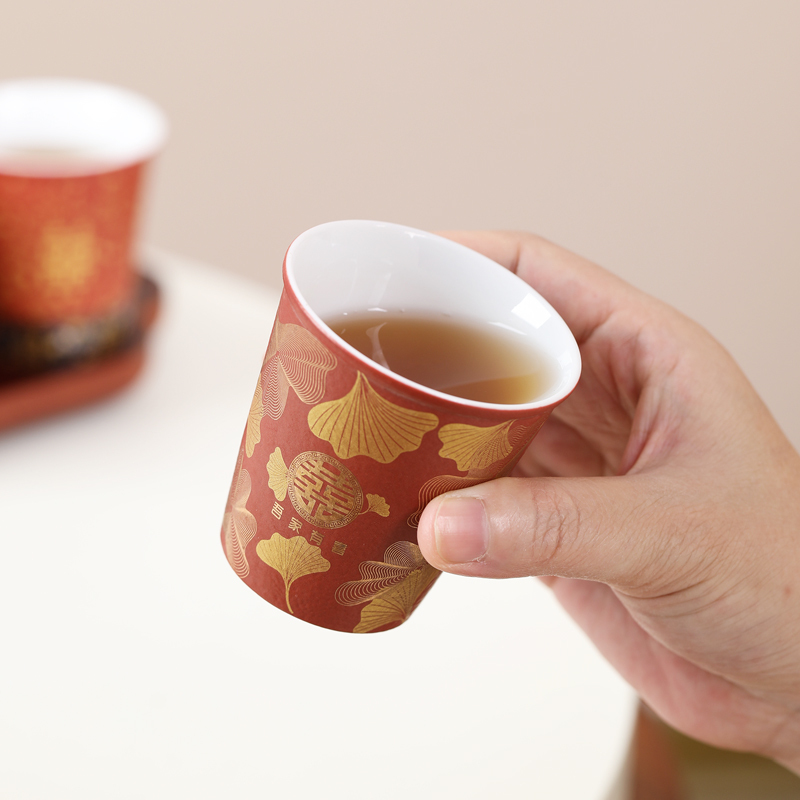MULTIPOTENT功夫茶杯陶瓷婚庆中国红吾家有喜泡茶杯主人杯6杯婚宴喜庆茶杯