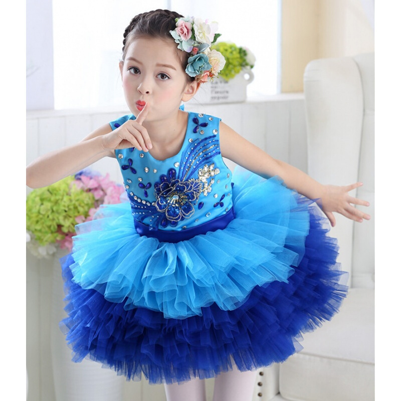 儿童公主连衣裙亮片蓬蓬舞蹈纱裙中小学生大合唱古筝演出服女蓝色